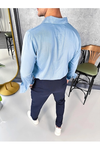 Modefendi Tensel Kumaş Pamuk Dokulu Kayık Yaka Extra Regular Fit Çok Düğme Detaylı Gömlek Mavi