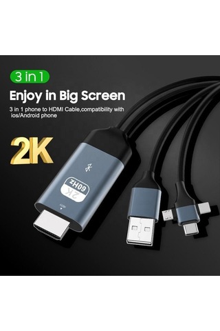 Pmr 3 İn 1 Apple Uyumlu iPhone To Hdmı Kablo 2k 60hz, 200cm, Type-c, Lightning, Micro Usb