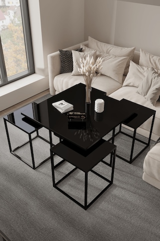 4+1 Siyah Kaplama Siyah Ayna Orta Sehpa