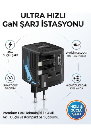 40w Gan Hızlı Şarj Adaptörü Dahili Lightning Ve Type-c Kablolu Şarj Başlığı 2xusb-c Pd40w Şarj Aleti