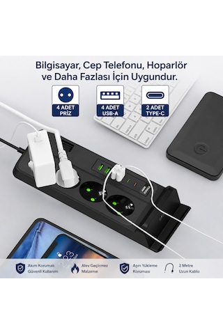 4'lü Akım Korumalı Masaüstü Priz 4 Usb-a + 2 Type-c Hızlı Şarj Kablosuz Şarj Standlı 2 Metre Kablolu Çoklu Priz 0 - 2 M