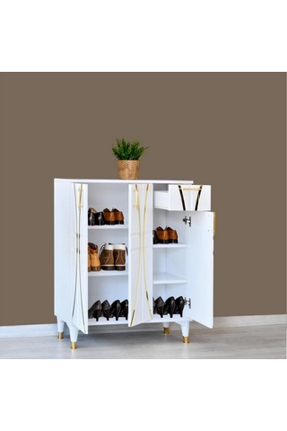 Ada Ayakkabılık Beyaz Gold Şeritli 3 Kapaklı 1 Çekmeceli 90x32x105 Cm