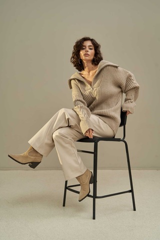 Mai Collection Mai Studios Co. Rika Vizon Saç Örgü Fermuarlı Triko Kazak Vizon