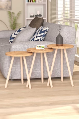 Miracle 3d Zigon Sehpa Ahşap Ayaklı Çam 3'lü Yuvarlak Atlantik