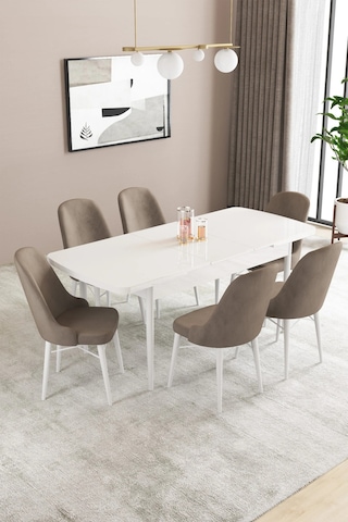 Familieconcept Almira Serisi, Beyaz 80x132 Açılabilir Mdf Mutfak Masası Takımı 6 Adet Sandalye Cappuccino