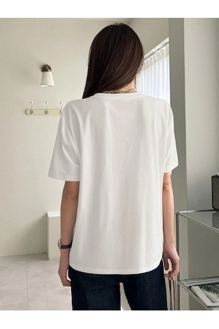 Çift Kalp Logo T-shirt - Beyaz Baskılı Oversize Bisiklet Yaka Kısa Kol Tişört Beyaz