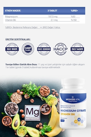 Magnezyum Sitrat Ve Vitamin B6 İçeren Takviye Edici Gıda 120 Tablet