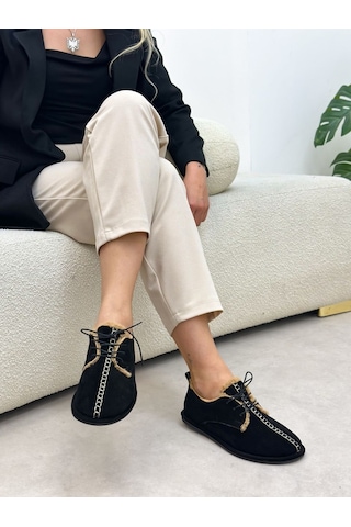 Erva'nın Butiği Siyah Hakiki Deri Sorry İçi Peluş Bağcıklı Kadın Ayakkabı-6395