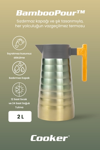 Cooker Bamboopour 2 Litre Paslanmaz Çelik Bambu Saplı Termos Ckr2097 Turkuaz