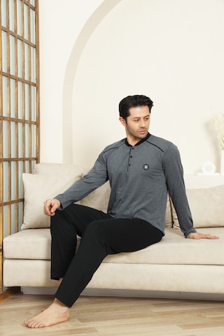 Enisena Erkek %100 Pamuklu Pijama Takımı-3 Düğmeli-12440 Füme