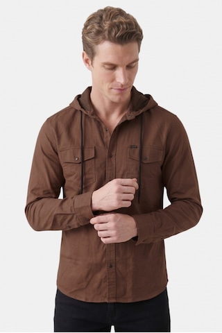 Deep Sea Deepsea Kahve Kapüşonlu Likralı Kot Gömlek Slim Fit Çıt Çıt Kapamalı Erkek Gömlek 2300396