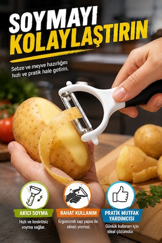 Siyah Saplı Sapan Soyacak Paslanmaz Çelik Sebze Meyve Soyucu Ergonomik Pratik Mutfak Aparatı