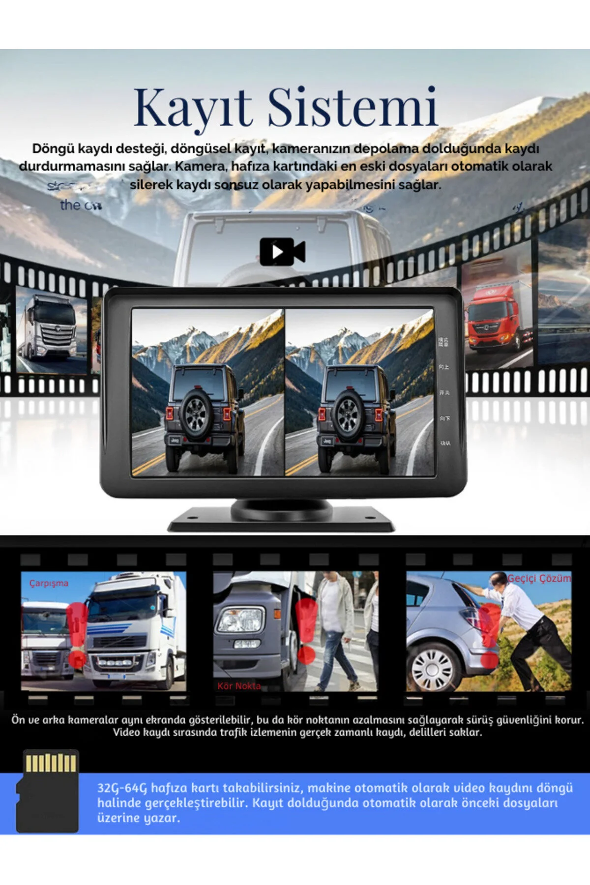 7 İnç Dokunmatik Ekranlı Çift Kameralı 1080p Ultra Hd Kablosuz Araç Kamerası