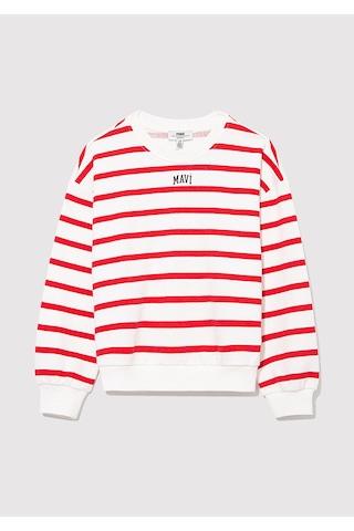 Mavi - Mavi Logo Baskılı Kırmızı Çizgili Sweatshirt 7s10038-82054 Kırmızı