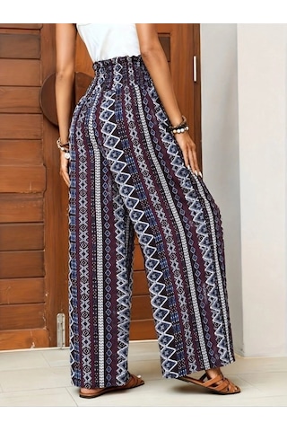 Valensdesign Kadın Yüksek Bel Belden Bağcıklı Desenli Uzun Süprem Pantolon Bordo