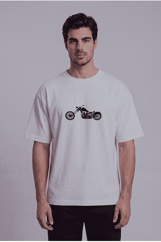 Black Nova Oversize Baskılı Unisex %100 Pamuk T-shirt Classic Chopper Beyaz