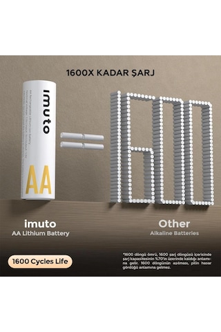 Imuto 3600mwh Aa Şarj Edilebilir Lityum Pil Seti 4 Lü Hızlı Şarj Cihazı