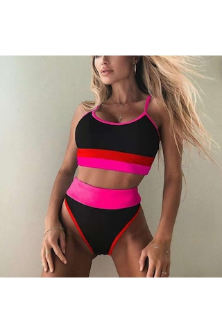 Kadınlar İçin Yüksek Belli Bikini Kadın Mayo Patchwork Kadın Mayo Mayo Push Up Bikini Seti Leopar Mayo Siyah&gül Kırmızı