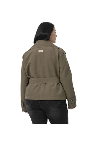 Büyük Beden Mono Yaka Kemerli Astarlı Kısa Haki Trençkot Haki