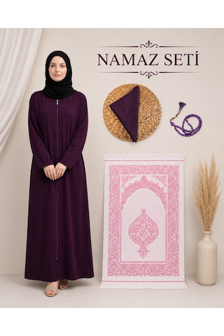 Bilenler Kadın Namaz Seti Fermuarlı Viskon Namaz Elbisesi Örtü İnci Tesbih Seccade M1001 Mor