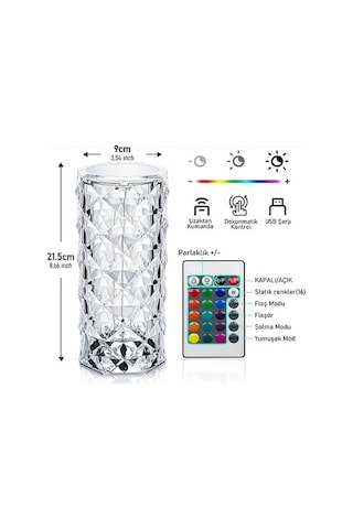 Kristal Elmas Led Dokunmatik Şarjlı Kumandalı Masa Lambası Rgb Diğer