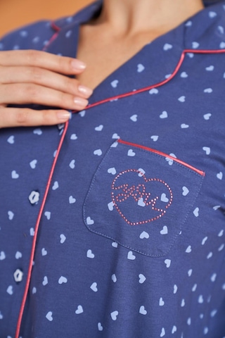 Pjs Kadın Anne-kız Kalpli Önden Düğmeli Gömlek Yaka Uzun Kollu Pijama Takım mavi