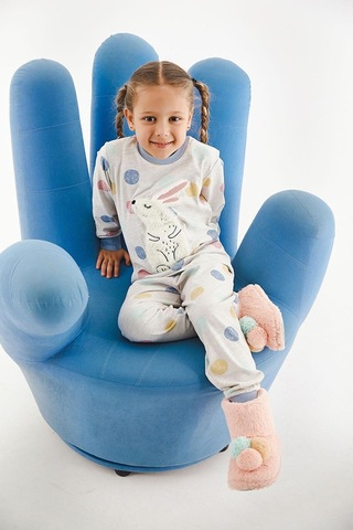 Kız Çocuk Pamuklu Uzun Kollu Tavşanlı Pijama Takımı-11393 Bej