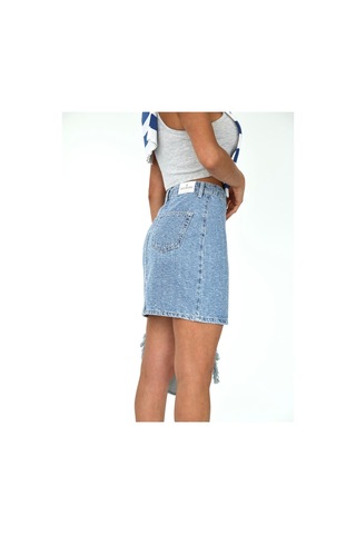 Zeo Basic Eskitme Denim Kumaş Mini Etek Mavi - Eskitme Detaylı