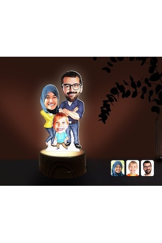 Kişiye Özel Tesettürlü Aile Karikatürlü Dekoratif 3D Biblo Led Iş (483006978)