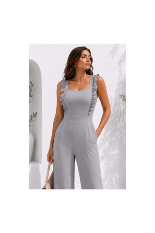 DefyModa Kadın Tasarım Tül Kumaş Kare Yaka Kuşaklı Tulum Gri
