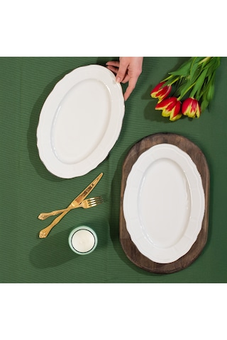 Porsima 4446 Tiffany Porselen Platin Fileli Kayık Tabak Seti - Oval Kahvaltılık Sunumluk Seti 30cm Beyaz