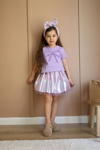 Kız Çocuk Lila Renk Partlak Kumaş Tütü Balon Etek Fiyonk Nakışlı T-shirt Pamuklu Altüst Takım Lila Mor Lila - Mor