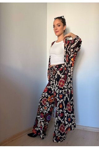 Ali Butik Siyah Etnik Desenli Kimono Pantolon Takım Siyah