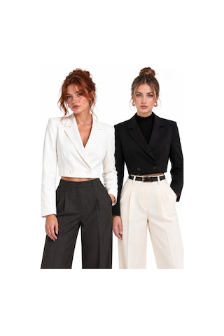 Saade Siyah-beyaz Kadın Regular Fit Kruvaze Kapama Dokuma Crop Blazer Ceket -şık & Spor 2li Paket Siyah - Beyaz