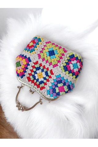 Embahandmde El Yapımı Metal Klipsli Renkli Granny Square Omuz Çantası Gümüş Zincirli Ekru - Çok Renkli