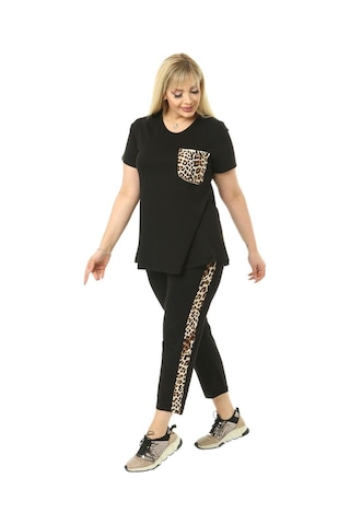 Melsay Butik Siyah Leopar Cep Büyük Beden Kadın Kapri Takımı Siyah