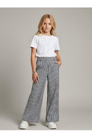 Zekids Kız Çocuk Çizgili Geniş Paça Pantolon-16894 Lacivert