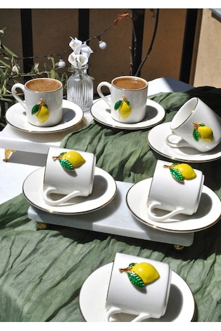 6 Kişilik Yaldızlı Porselen Limonlu Kahve Fincanı Gold Limon Dekorlu Kahve 90 Ml