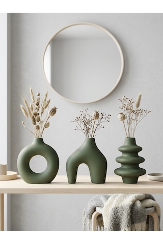 Kaveld Trio Forma El Yapımı 3'lü Dekoratif Vazo Seti, Kemer + Yığma Halka + Donut Form Mermer Tozu & Beton Minimalist Kuru Çiçek Vazosu Yaprak Yeşili