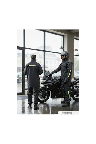 Thfabric %100 Su Geçirmez Garantili Motorcu Yağmurluk - Mont Pantolon Takım - Ayarlanabilir Lastikli Paça Siyah
