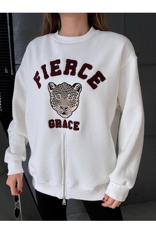 Fermuarlı Leopar Baskılı Oversize Siyah Sweat Ekru