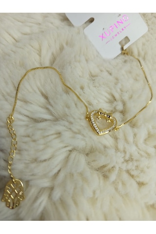 Beren Xuping Zirkon Taşlı Fatma'nın Eli Uçlu Kalp Çelik Bileklik Gold 17+5 Cm