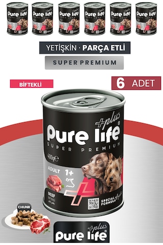 Pure Life Plus 6'lı Sığır Yetişkin Konserve Chunk Parça Etli Yaş Mama 400 G