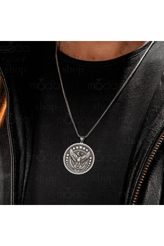 925 Ayar Gümüş Kartal Tasarım Yuvarlak Erkek Kolye Gümüş