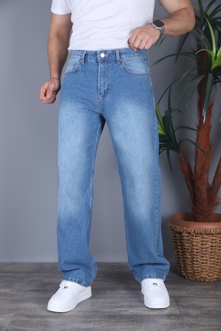 Felvıno Erkek Yıkamalı Baggy Bol Kesim Kot Pantolon Açık Mavi