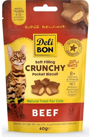 Delibon Crunchy İçi Dolgulu Bisküvi Sığır Etli Kedi Ödülü 60 G