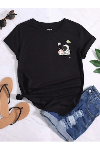 Kadın Siyah Oversize Astronot Baskılı T-shirt Siyah