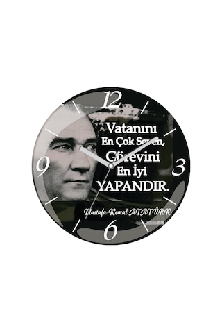 Atatürk Vatanını Seven Görevini Bombeli Gerçek Cam Duvar Saati Siyah