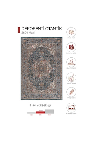 Dekorenti Otantik 2604 Mavi Halı Eskitme Madalyon Desenli Halı