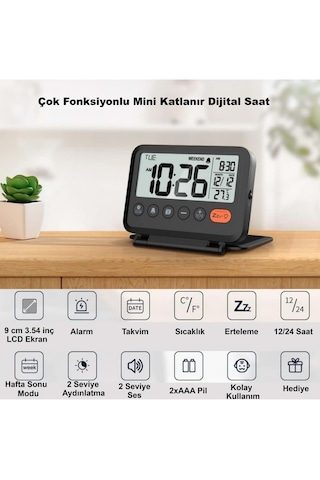 Lcd Katlanır Dijital Masa Saati Çalar Saat, Takvim Ve Sıcaklık Göstergeli, Taşınabilir Katlanabilir Alarm Saat Siyah